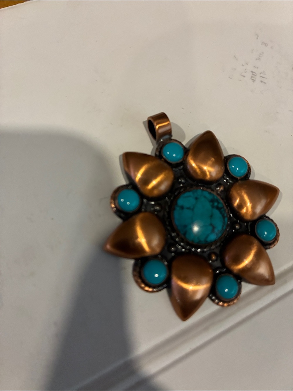 Copper and Turquoise Flower Pendant 1.9” long Vibrant Stone Shiny Copper
